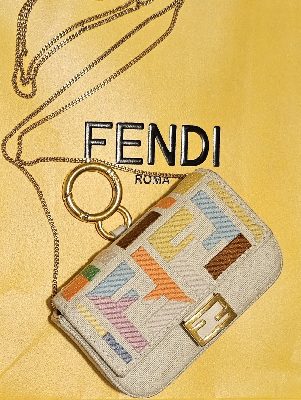 FENDI Baguette Charm - Embroidered multicolor Kuban Canvas with Crossbody Chain